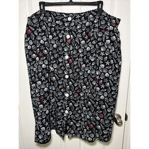 Modcloth Black Seashell Print Linen Blend Button Front Skirt Size 26W Nautical
